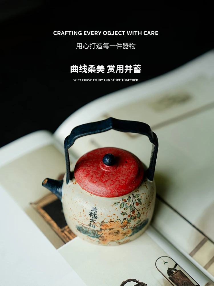 Blue and White Fire Stone Red Teapot Creative Pure Hand Drawing Orange Tabby Cat Steal Persimmon Loop-Handled Lady Household Set