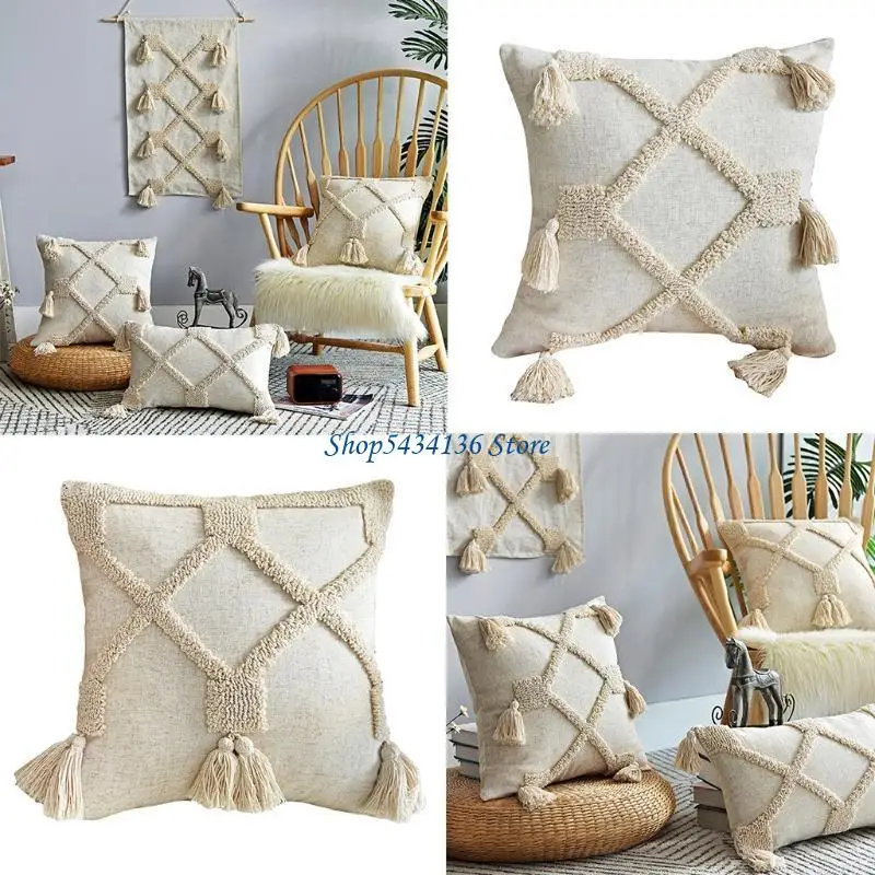 

H7ED Throw Pillow for Case Morocco Tribal Tassel Rhombus Woven Tufted Sofa Cushion Co