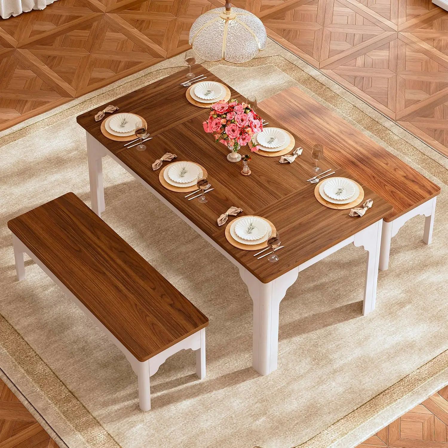 63 In 3-Piece Farmhouse Dining Table Set for 4-6 2 Benches Tuck-Under Design 330 LBS Table 550 LBS Bench Capacity Kitchen Breakfast Nook