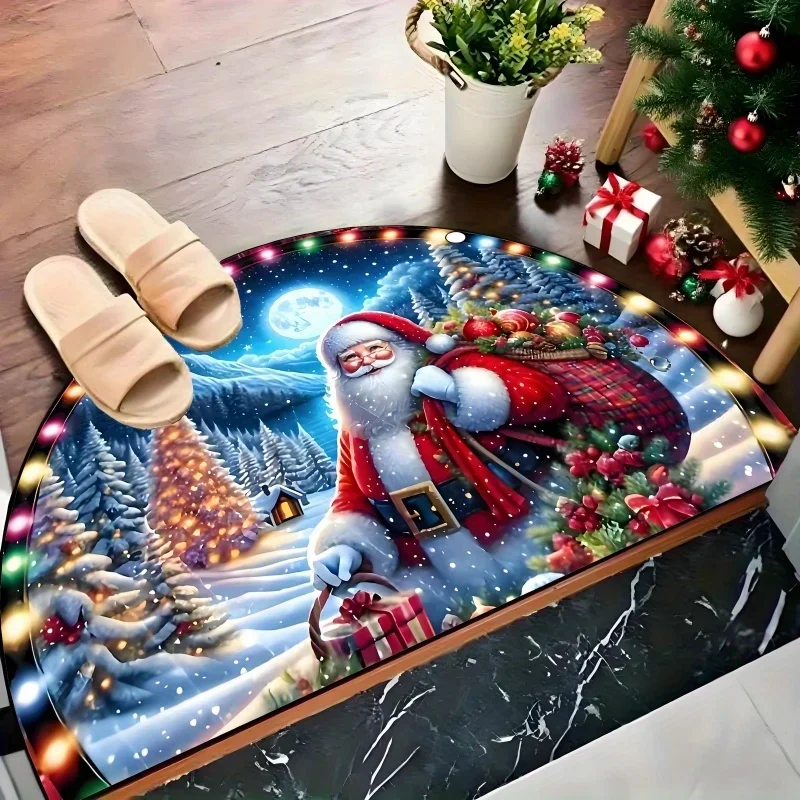 Full Moon Snow Mountain Santa Carrying Gift Sack Printed Doormat for Garden Terrace Backyard Outdoor Non Slip mat Presents