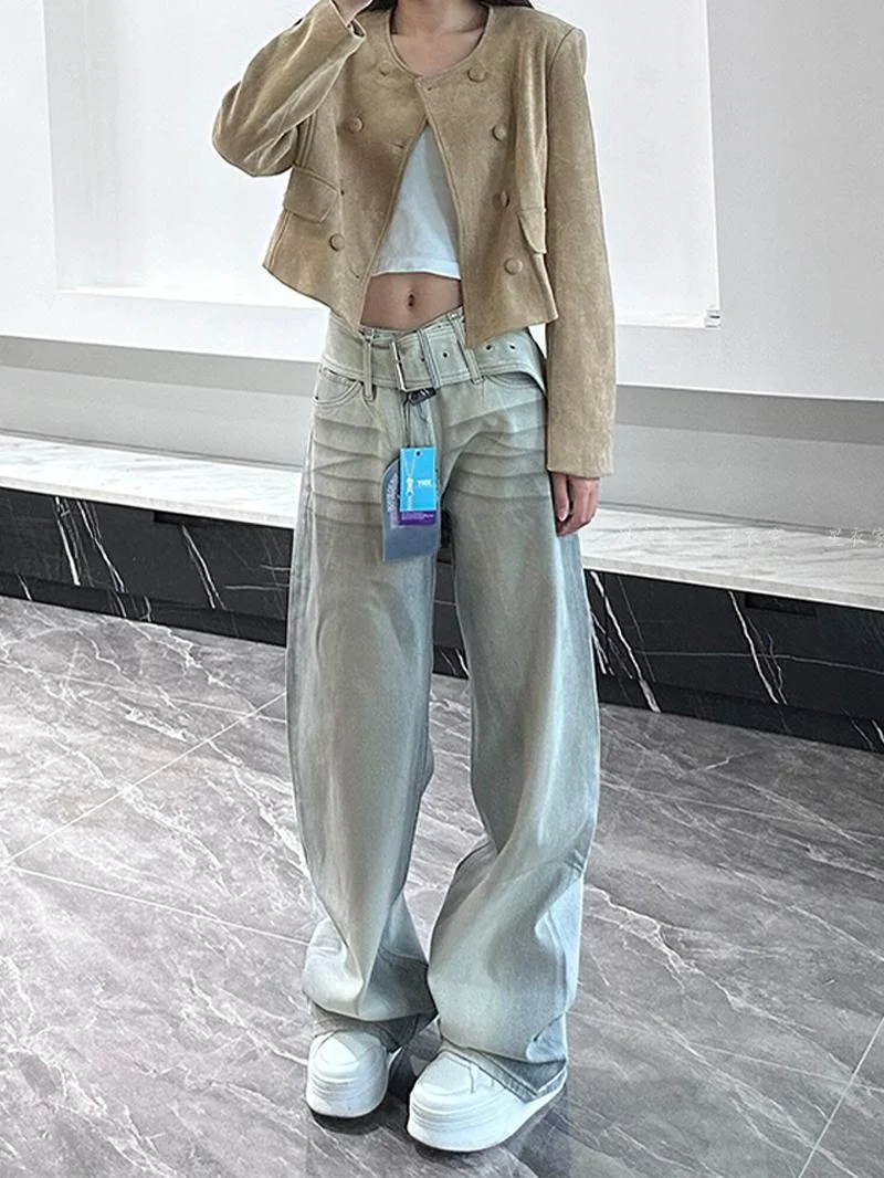 Retro Design Waist Belt Denim Jeans Women's Fall New Style Spicy Girl Faded Washed Dirt Dyed Floor-Length Pants