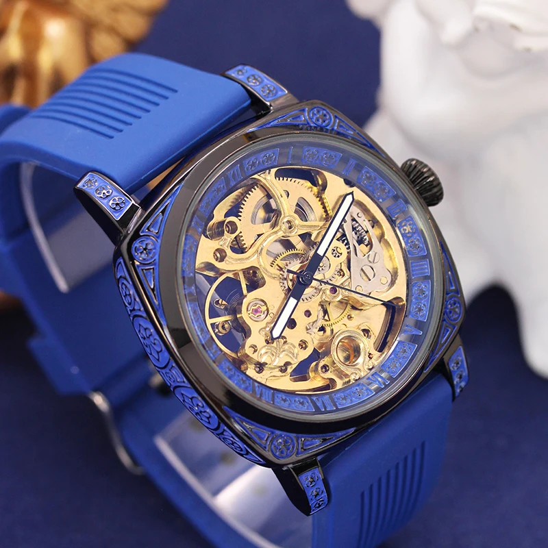 A Men's Blue Tape Elegant Minimalist Style Carved Double-Sided Hollow Automatic Mechanical Watch