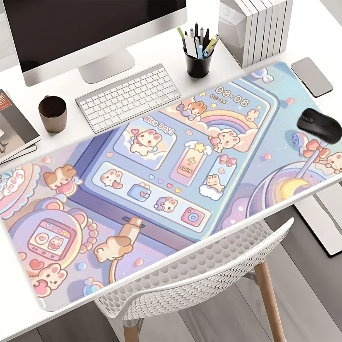 Cartoon Cat Rainbow Desk Mat Dreamy Colorful Non-Slip Rubber Base Stitched Edges Gaming Mouse Pad for Home Office Present