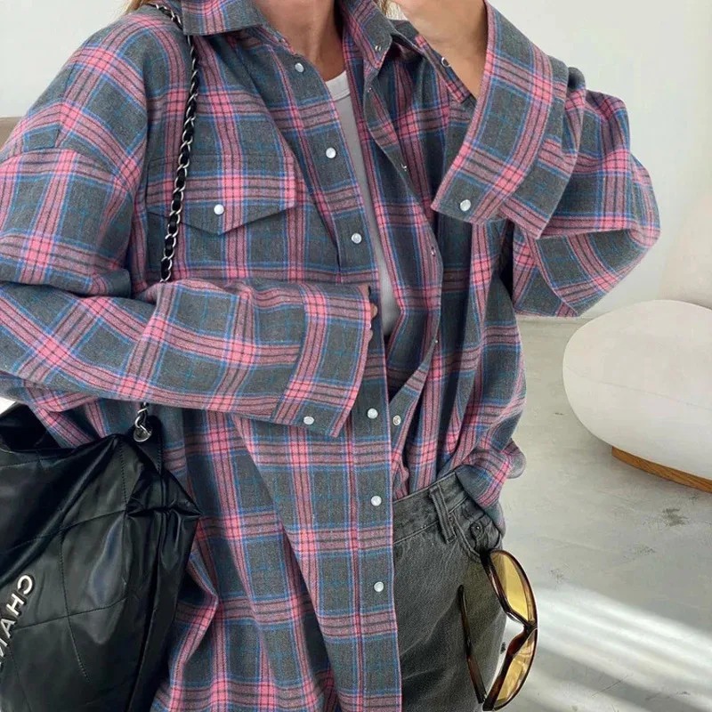 2024 Vintage Oversized Plaid Shirt Women Autumn Winter Pink Ruffles Long Sleeve Loose Fit Blouse Tops Female Button Down Shirt