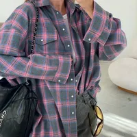 Nouveau Vintage femmes surdimensionné à manches longues chemise à carreaux Blouse hauts automne hiver boutonné ample revers poche chemise Style coréen 1