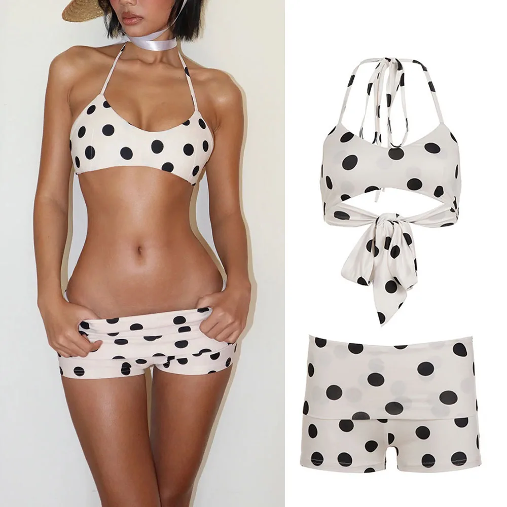 Womens Dot Print Bikini Swimsuits Y2k Halter Bra Tops With Shorts Set Summer Holiday Bikini Bathing Suit Vintage Crop Cami Top