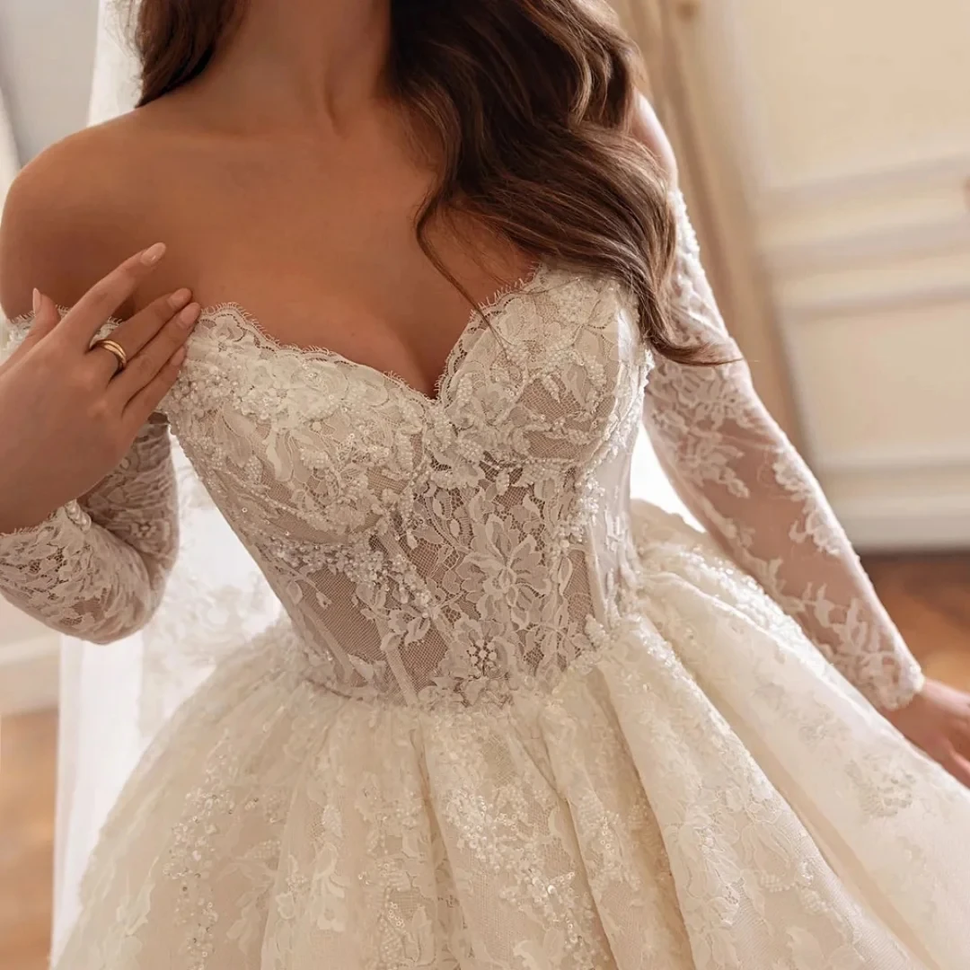 فساتين زفاف خمر الحبيب التطريز الخرز كم طويل الأميرة فستان العروس أثواب الزفاف رائعة