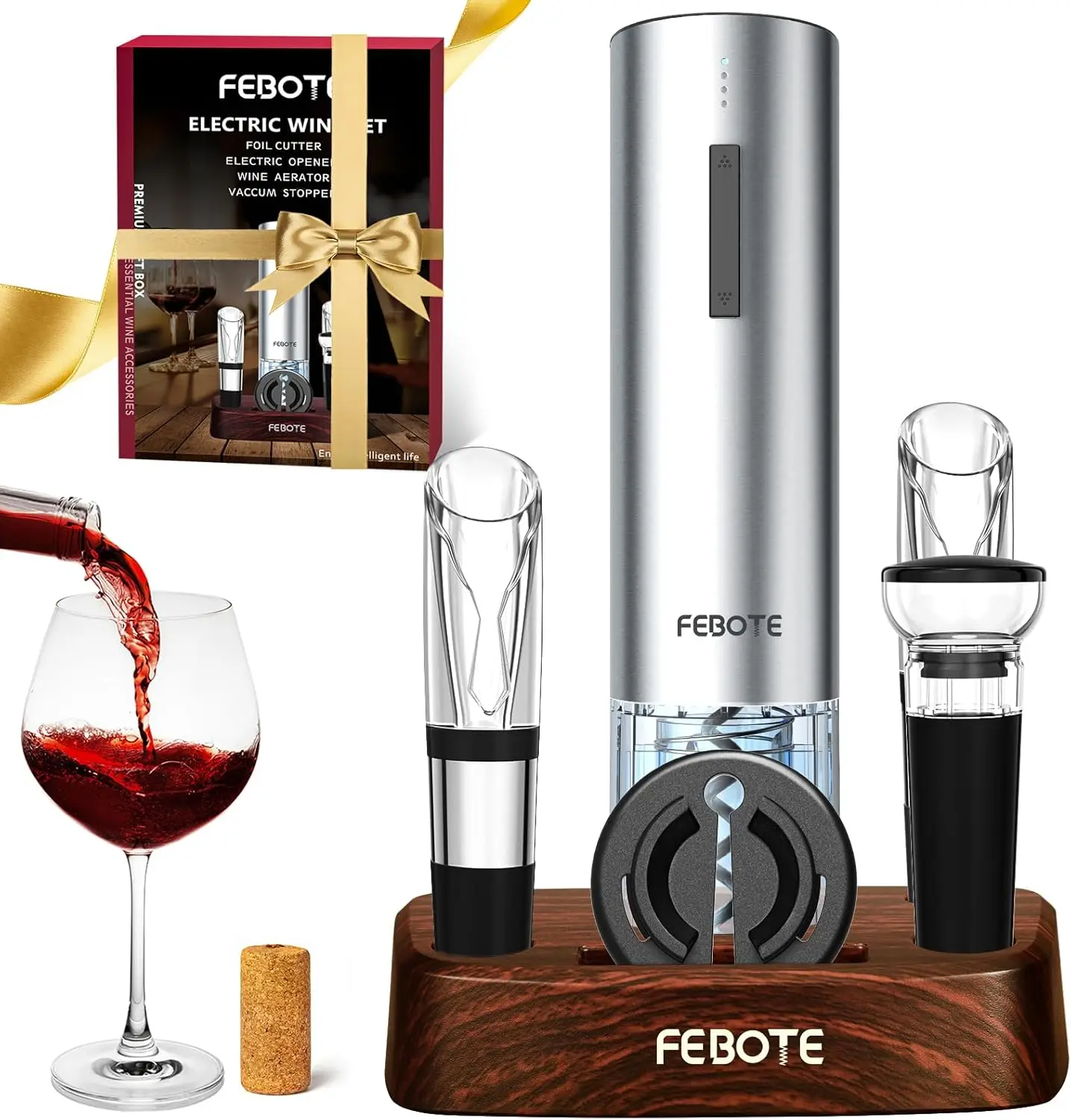 Set de abridor de vino eléctrico recargable 5 en 1 con base de carga, cortador de papel de aluminio, aireador y tapones de vacío para el hogar y el bar.