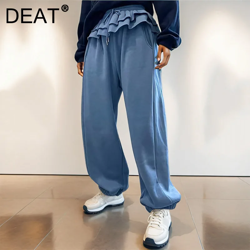 DEAT 2024 Winter New Fashion Solid Color Ruffled Casual Long Pant For Women High Waist Versatile Trousers Female Trend 11A01752