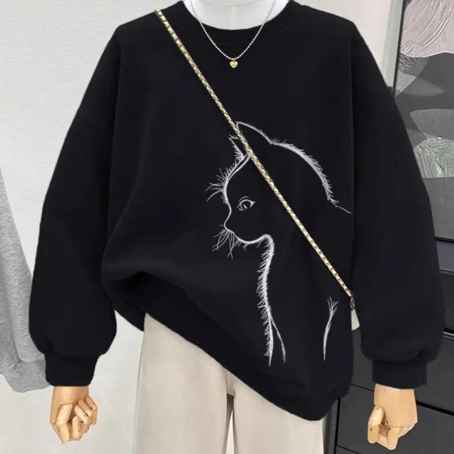 

Autumn Winter Large Size Cute Silhouette Printed Sweatshirt Men's round Neck Thin Style Trendy Brand Loose Fit Long Sleeve