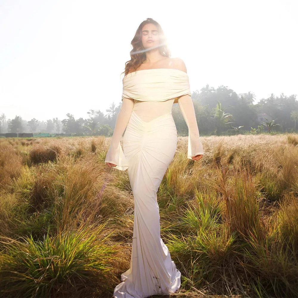 베이지 여성용 프롬 드레스 섹시한 오프숄더 긴 소매 러플 롱 쉬스 파티 가운 가을 정장 웨딩 게스트 생일 드레스