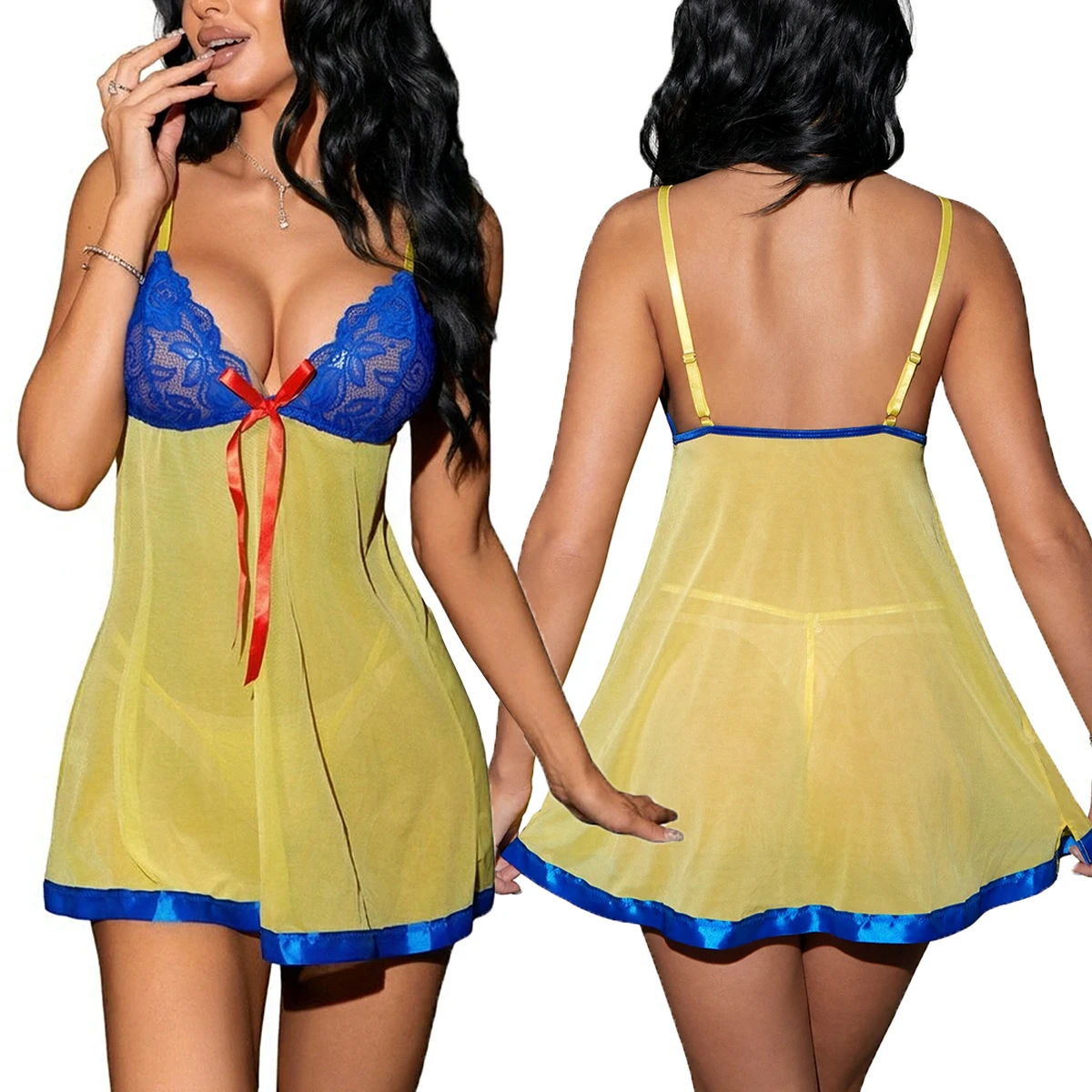 Color Block Sheer Lace Babydoll Sleeveless Spaghetti Strap Bowknot Waist Backless Slim Fit Breathable Sexy Lingerie With Panties
