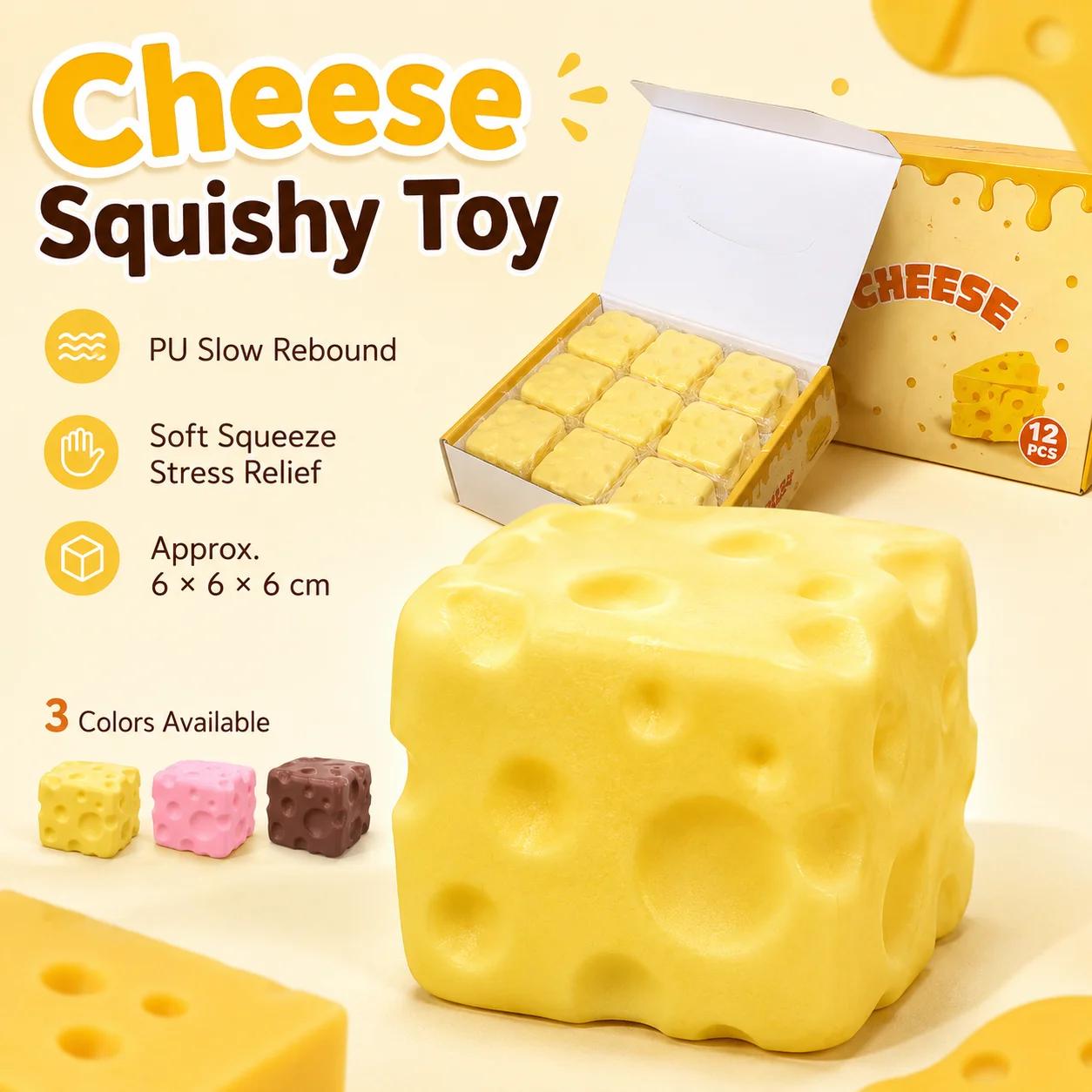PU Slow Rising Cheese Cube Squishy Toy 6cm Soft Butter Block Stress Relief Squeeze Toy for Kids Adults Office Relaxation