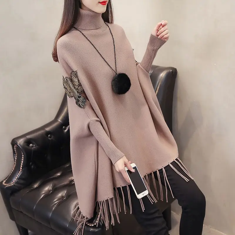 Winter Long Sleeve Poncho for Warm Scarf Knitting Turtleneck Thicken Pashmina Shawls and Wraps Tassel Wearable Poncho Capes T338