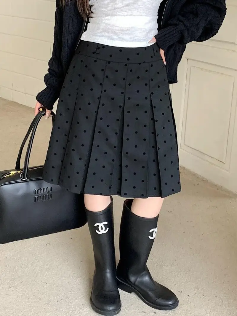 

Женская юбка трапециевидной формы с высокой талией Thiened, осенне-зимняя плиссированная юбка средней длины в горошек для похудения больших размеров