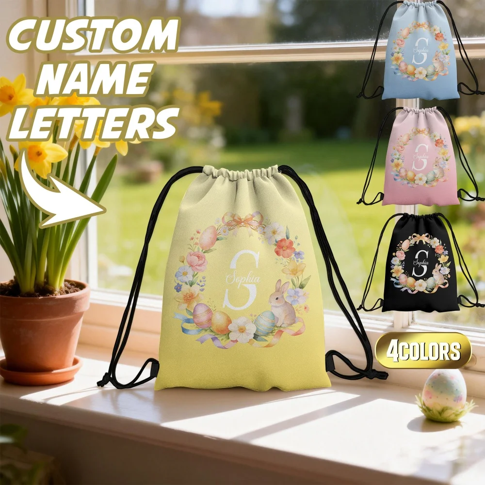 Custom Name Monogram Easter Floral Wreath Drawstring Backpack Reinforced Corners Bunny Egg Print Kids Holiday Sack Bag