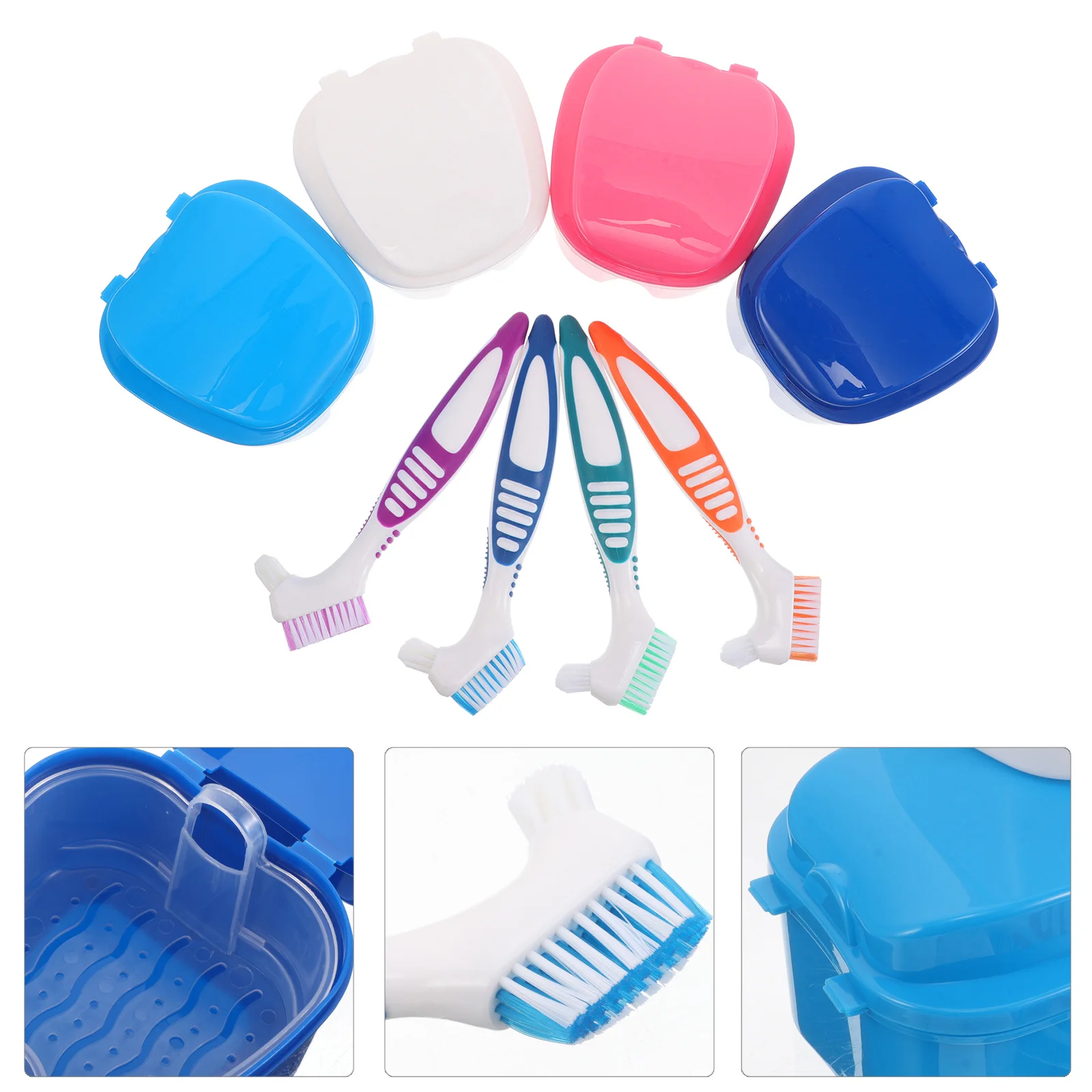

8Pcs Apple Shaped Denture Storage Box Soft Bristle Brush Set Portable Travel Case Cleaning Soaking Retainer Holder