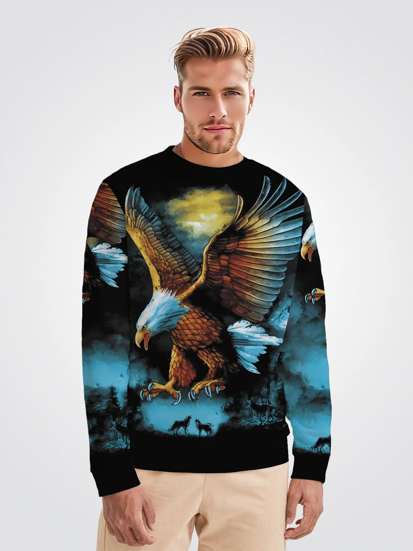 

Men's Street Style Graphic Long Sleeve Crew Neck Tops Creative Cool Bald Eagle 3D Printed Spring Autume Sports Sweatshirts