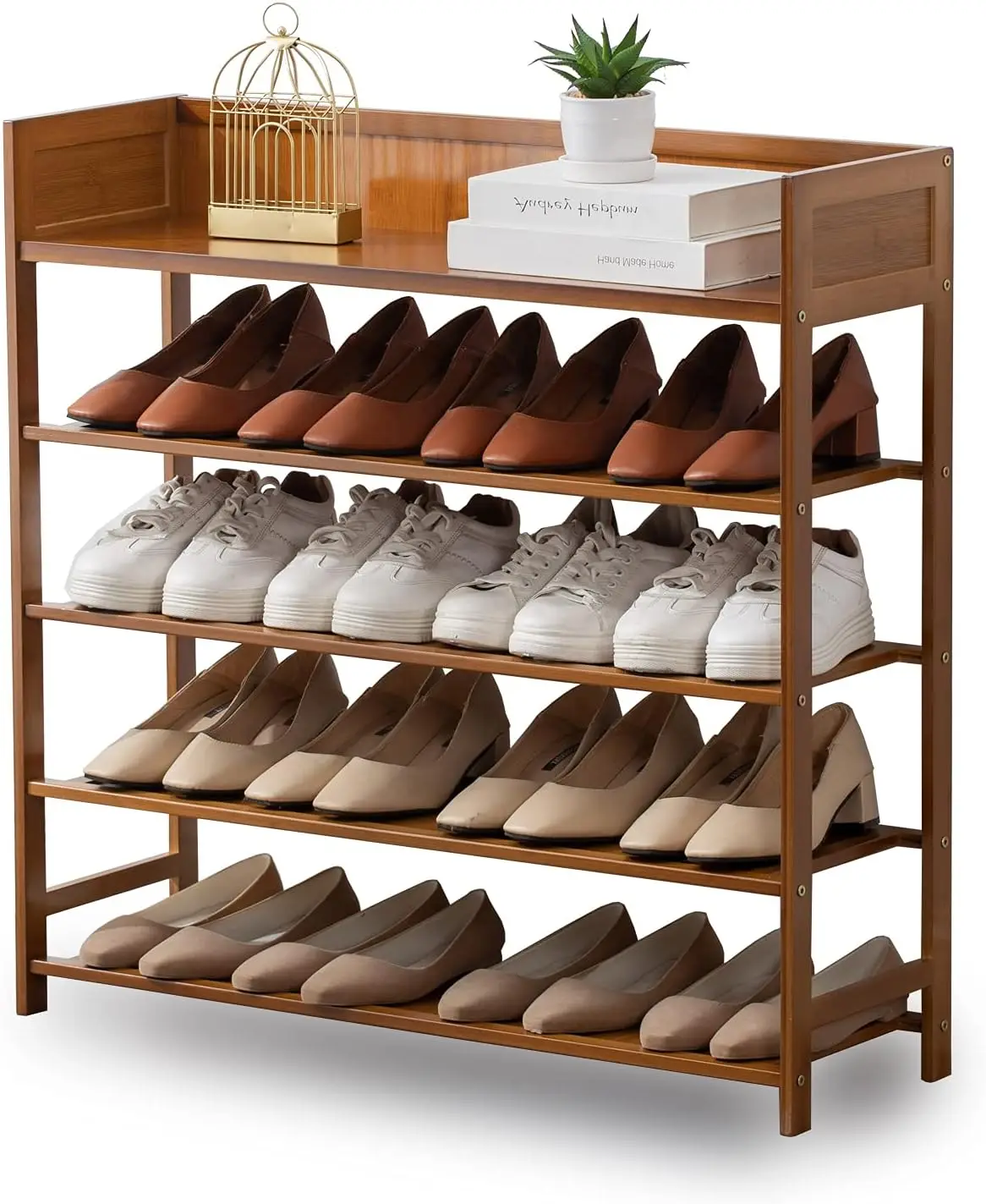 Bamboo Shoe Rack Organizer, 5 Tier Shoe Shelf Storage Organizer, for Entryway, Hallway, and Closet (Brown-31.5)