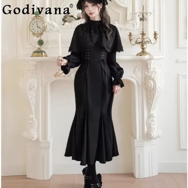

Spring Autumn Winter Elegant Fake Two-piece Shawl Lace-up Gothic Fishtail Dress Girl High Waist Slim Banquet Longsleeve Dresses