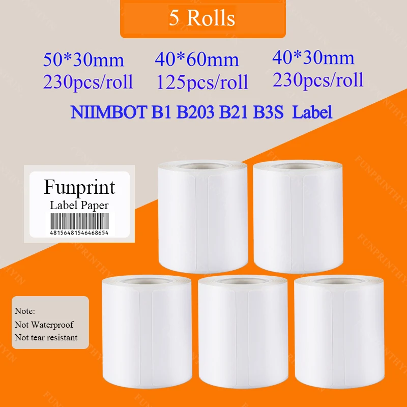 5Rolls NIIMBOT B1 B203 B21 B3S Label Paper Clothing Price Tags Non-waterproof Thermal Label Sticker Date Sort Label Maker