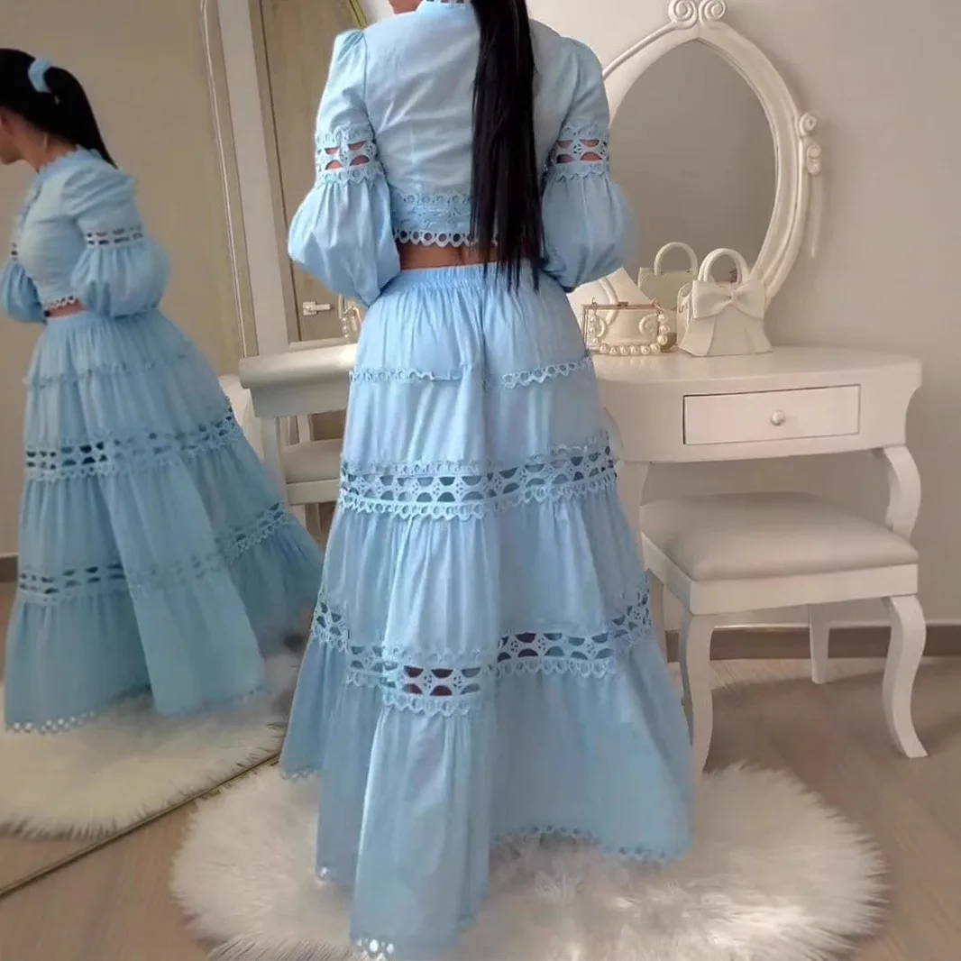 Twee stukken kanten jurken dames gesplitste jurk uitgesneden lantaarnmouwen top enkellange rijk taille rok los casual 2025, lente