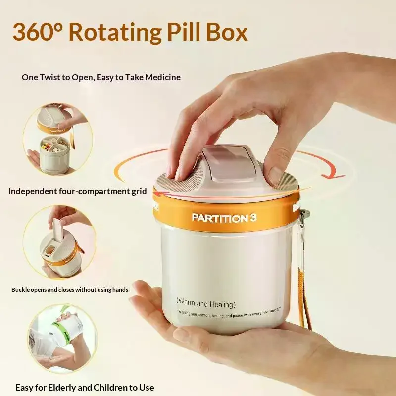 4Grids Rotating Partition Portable Pill Box With Lanyard,Large Capacity Privacy Case For Outdoor Business Trip Daily Supplement