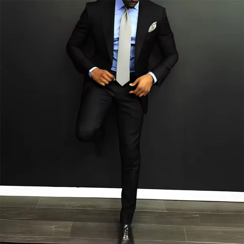 Smart Casual Solid 2 Piece Men Suits Slim Fit Peak Lapel One Button Jacket Pants Set Wedding Groom Tuxedos Business Suits Set