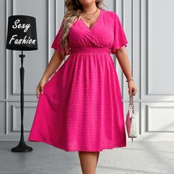 L-4XL 2023 Zomer Casual Plus Size Jurken Voor Vrouwen 2023 Kleding Effen Kleur Dot Korte Mouw Elastische Taille Elegante Midi Jurk