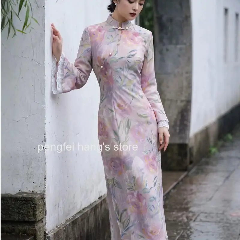 Women Mandarin Collar Satin Printed Patchwork Lace Qipao Dress Long Sleeve Soft Elegant Cheongsam for Party Daily Occasions