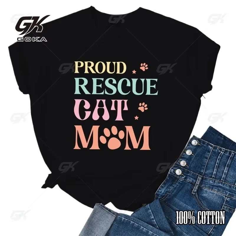 

Модные забавные футболки с принтом Proud Rescue Cat Mom, женские летние повседневные футболки с короткими рукавами, топы с круглым вырезом