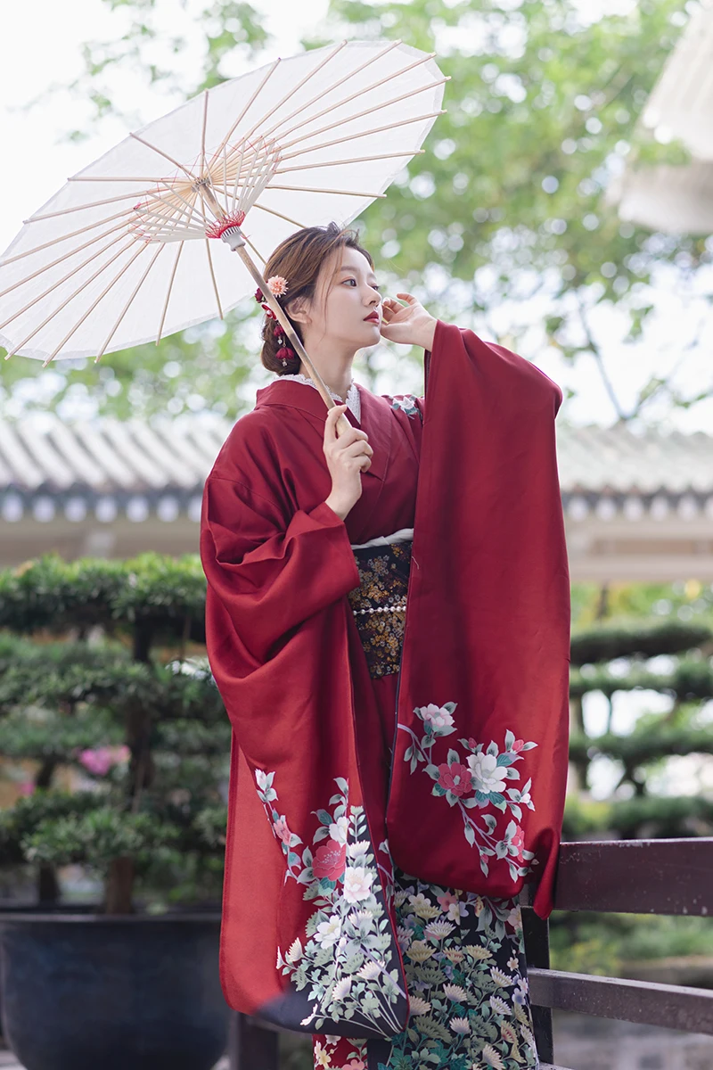 일본 기모노 빈티지 화려한 진동 슬리브, 싱글 레이어 개선 기모노 사진, 여행 사진, 초상화 레드