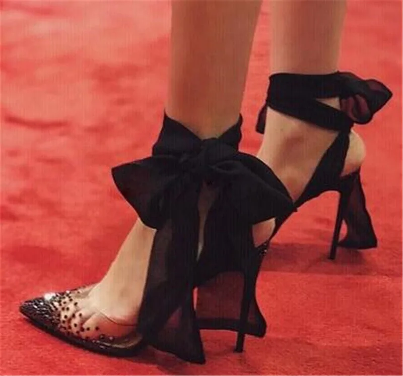 Red White Black Mesh Ribbon Lace-Up Butterfly-Knot Sandals Clear PVC Crystal Pointed Toe Slingback Banquet Dress Pumps - view 3