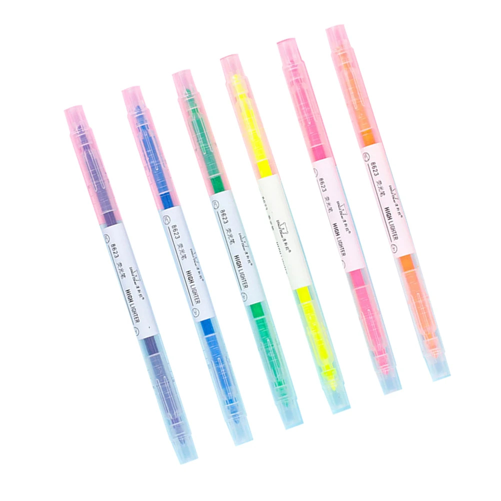 

6 Pcs Fluorescent Pens Colored Highlighter Marker Pen Double Head Student Cute Patterns Vivid Colors Large Capacity Waterproof