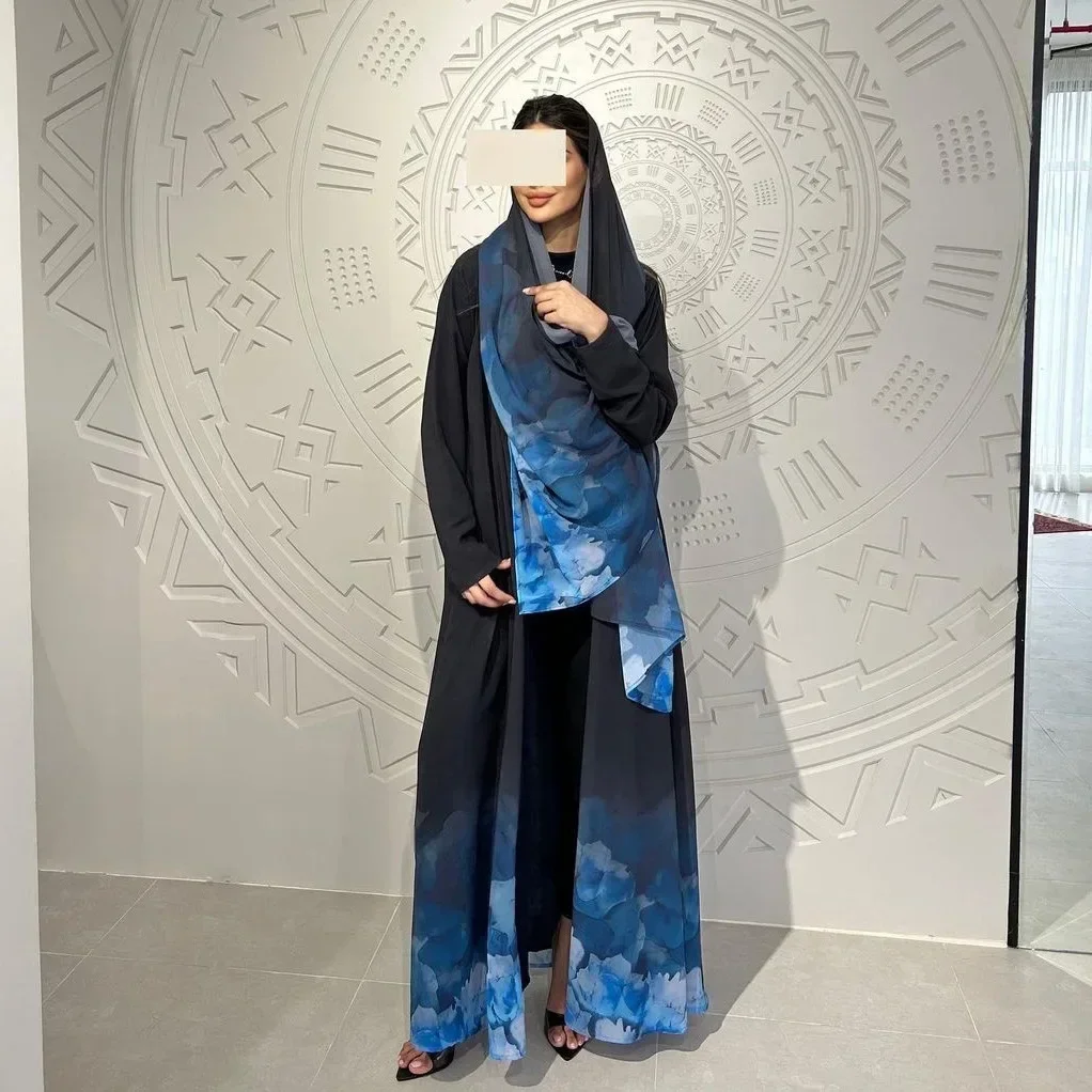 Set syal Abaya dan jilbab sifon terbuka pakaian Islam dicetak Abaya untuk wanita Muslim Dubai Turki Kimono Kaftan Femme Musulman