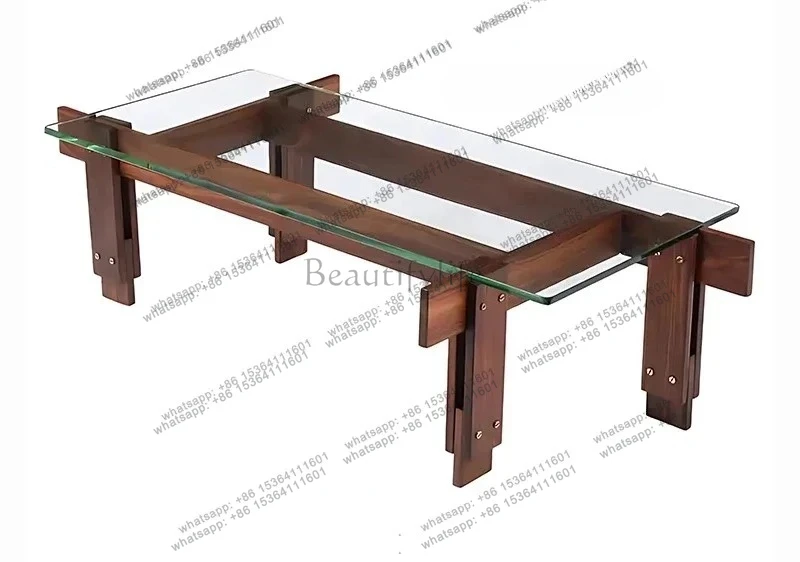 Modern Simple Medieval Tenon And Mortise Structure Ash Solid Wood Glass Coffee Table Living Room Household Small Table
