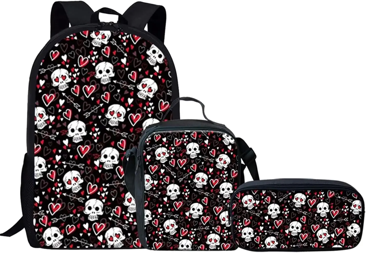 

Gothic Heart Skull Print Kids School Bag Set of 3 with Lunch Box Pencil Case School Bookbag Set Travel Daypack Laptop Backpack