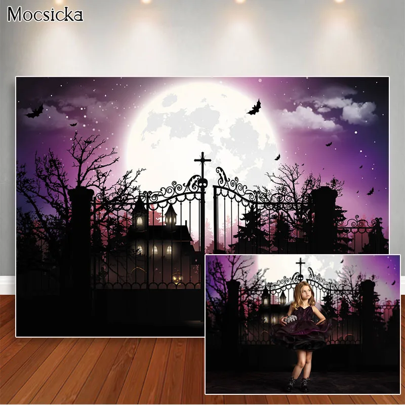 

Halloween Backdrops for Photography Magic Castle Wizard School Photo Props Purple Sky Night Full Moon Photographic Background