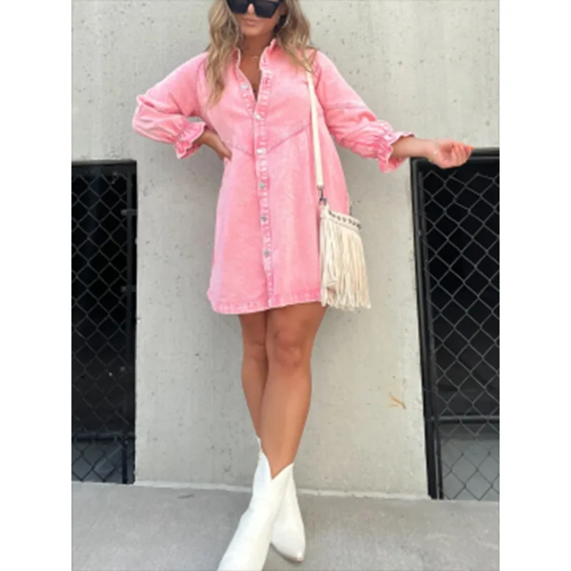 

Midiross Shirt Dress Denim New Jeans Dresses Women Loose Casual Turn Down Collar 3/4 Lantern Sleeve