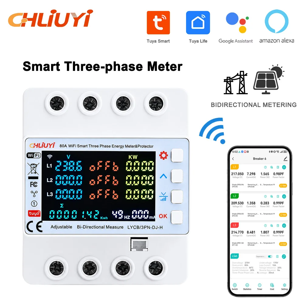 tuya-wifi-4p-80a-3相スマートエネルギーメーター、タイマー付きサーキットブレーカー、自動再閉路、過電圧-低電圧保護機能搭載、スマートホーム対応