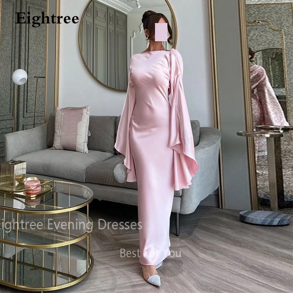 

Eightree Elegant Pink Backless Formal Evening Dresses Boat Neck Robes De Soiree Dubai Arabic Women Party Prom Gowns Long Sleeves