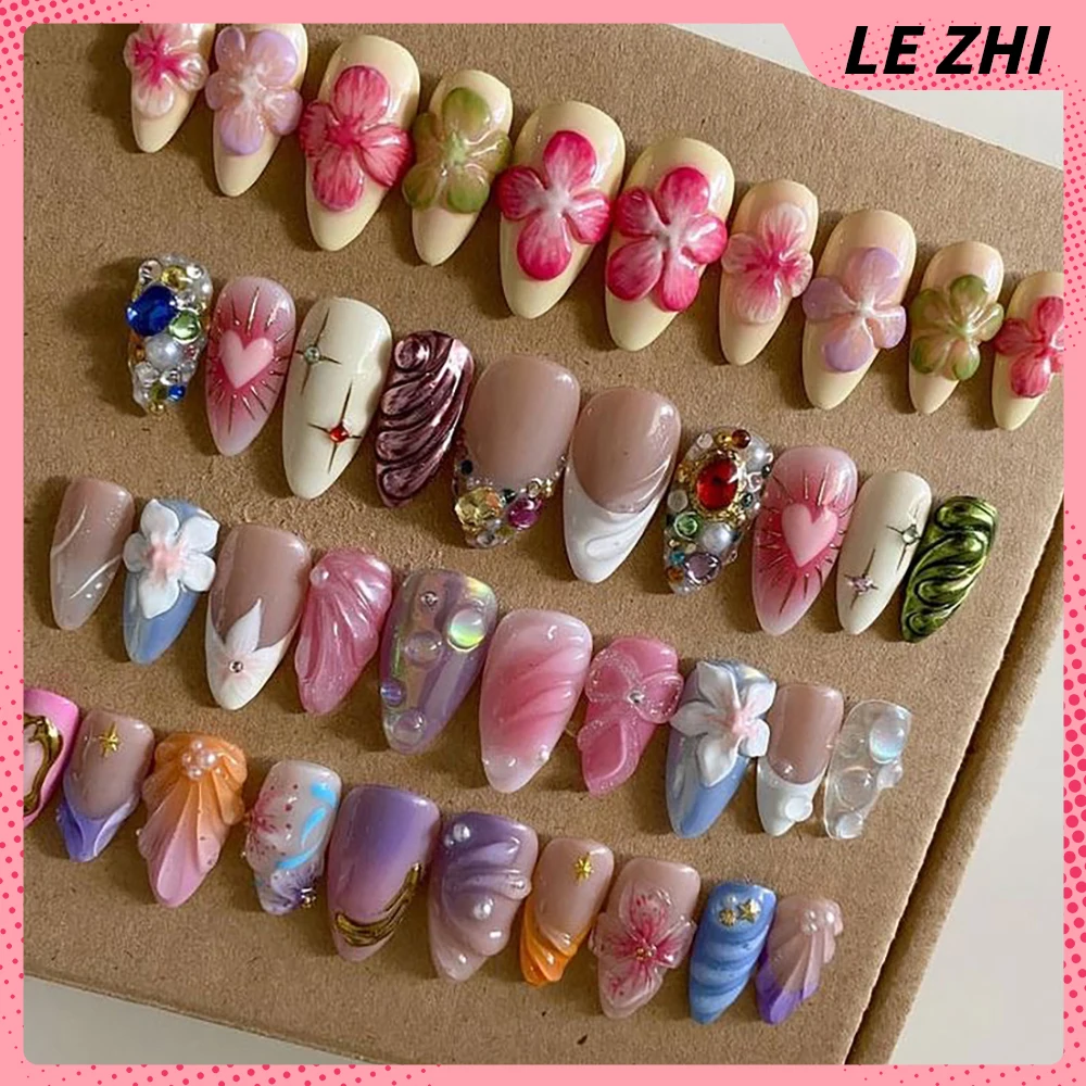 Handwork 3D Gel French Press On Nails Party Sticker Romance Flower Gel Shell Bow Diamond Almond Custom Fake Nails Party Sticker