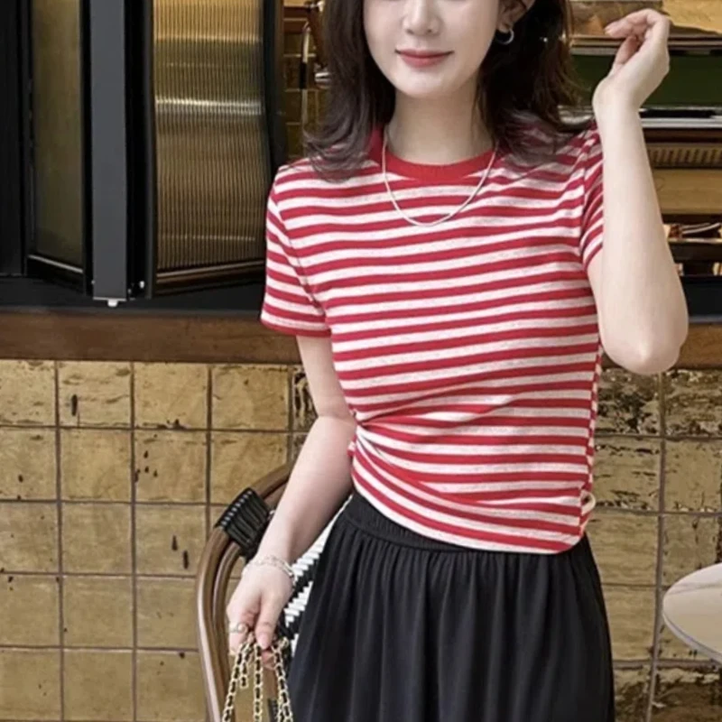 Simplicity Fashion Summer T-Shirts Women\'s O-Neck Striped Contrast Color Young Style Casual Versatile Short Sleeve Slim Tops