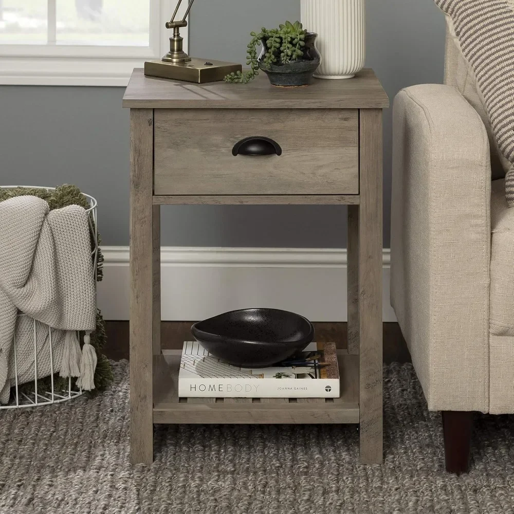 Farmhouse Square Side Accent Table Set-Living-Room Storage End Table with Storage Door Nightstand Bedroom, 18 Inch, Grey Wash