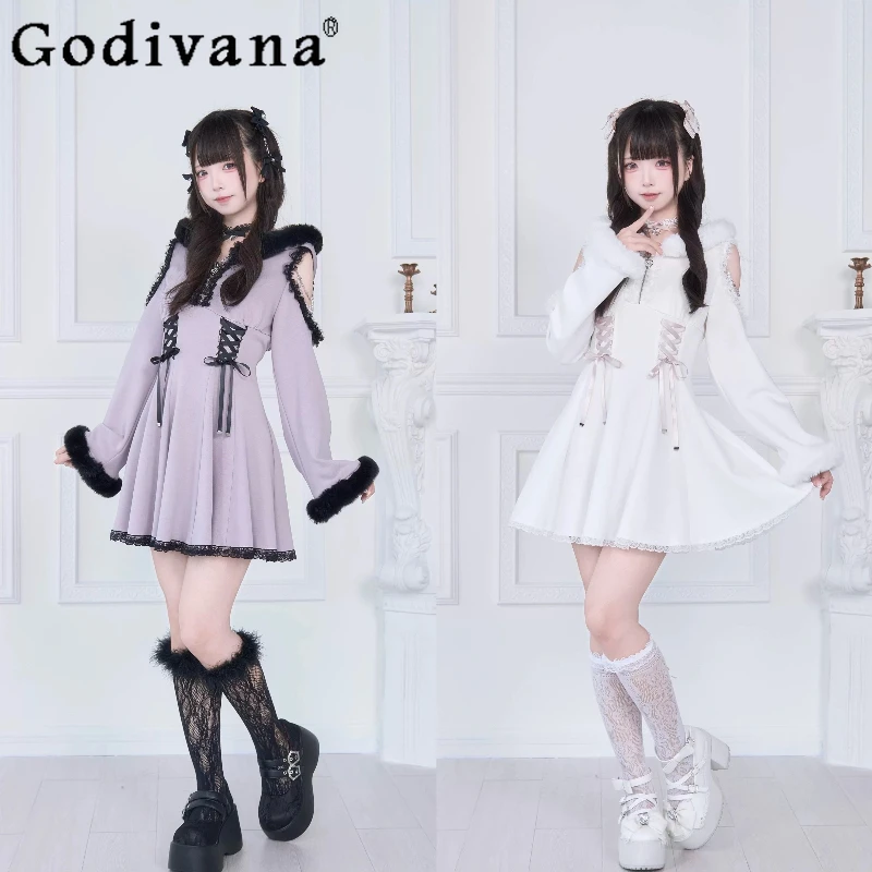 

2025 Autumn New Sweet Girls Lolita Long Sleeve Hooded Dress Op Women Japanese Mine Mass-Produced Fluffy Patchwork Short Dress