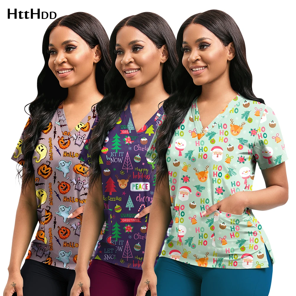Surgical Uniforms Woman V-neck Short Sleeved Nursing Uniform Tops S-XXL Dental Clinic Veterinary Uniform Doctor Nurse Work Shirt