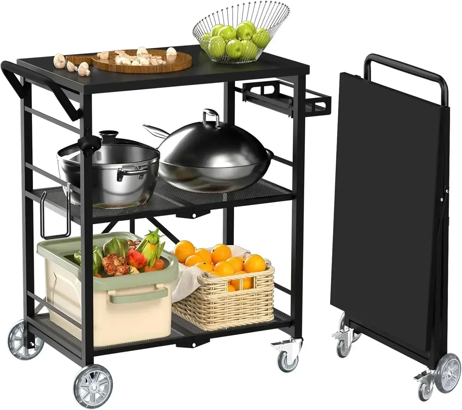 [Limited Time Offer, Clearance!]Folding Grill Cart, Metal Pizza Oven Stand Table with Lock Casters, 3 Shelf Foldable Kitchen Isl