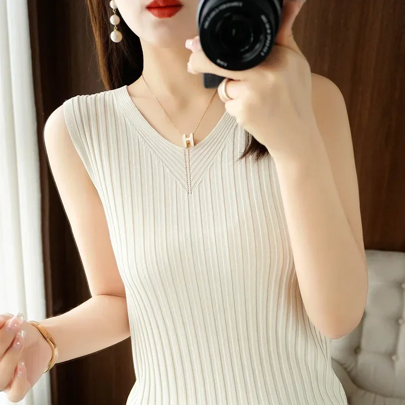 Spring Summer Women Sweater Vest Korean Fashion Slim Fit Ice Silk Sleeveless Tops Solid Knitwears Strecth Knit Pullovers Vests