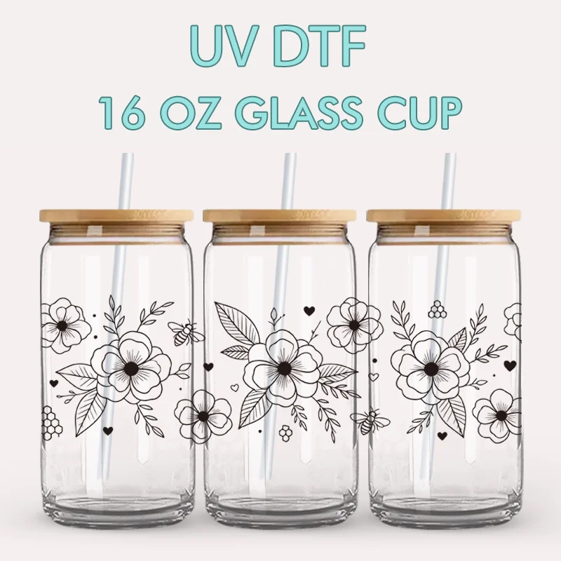 UV DTF Stickers - 4 Sheets Boho Floral UV DTF Cup Wraps for Glass Cups DIY Waterproof Scratch Resistant