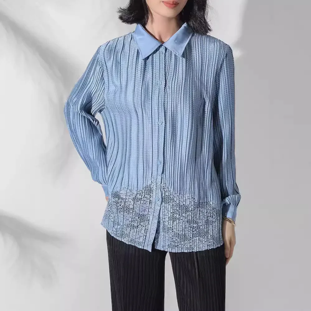 

Miyake Pleated Niche Design Lapel Shirt 2024 Autumn New Women's Fashion Casual Buttoned Long-sleeved Shirt